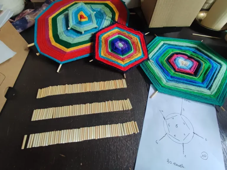 Leżące na stole tarcze od pająków tarczowych wraz z słomkami i rozrysowanym planem