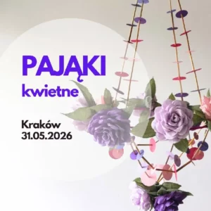Pająk wykonany z fioletowej bibuły, z różami z krepiny